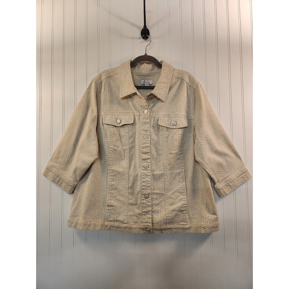 NEW Denim & Co. Women Tan Reptile Print 3/4 Sleeve Jean Jacket Size 1X Button-Up